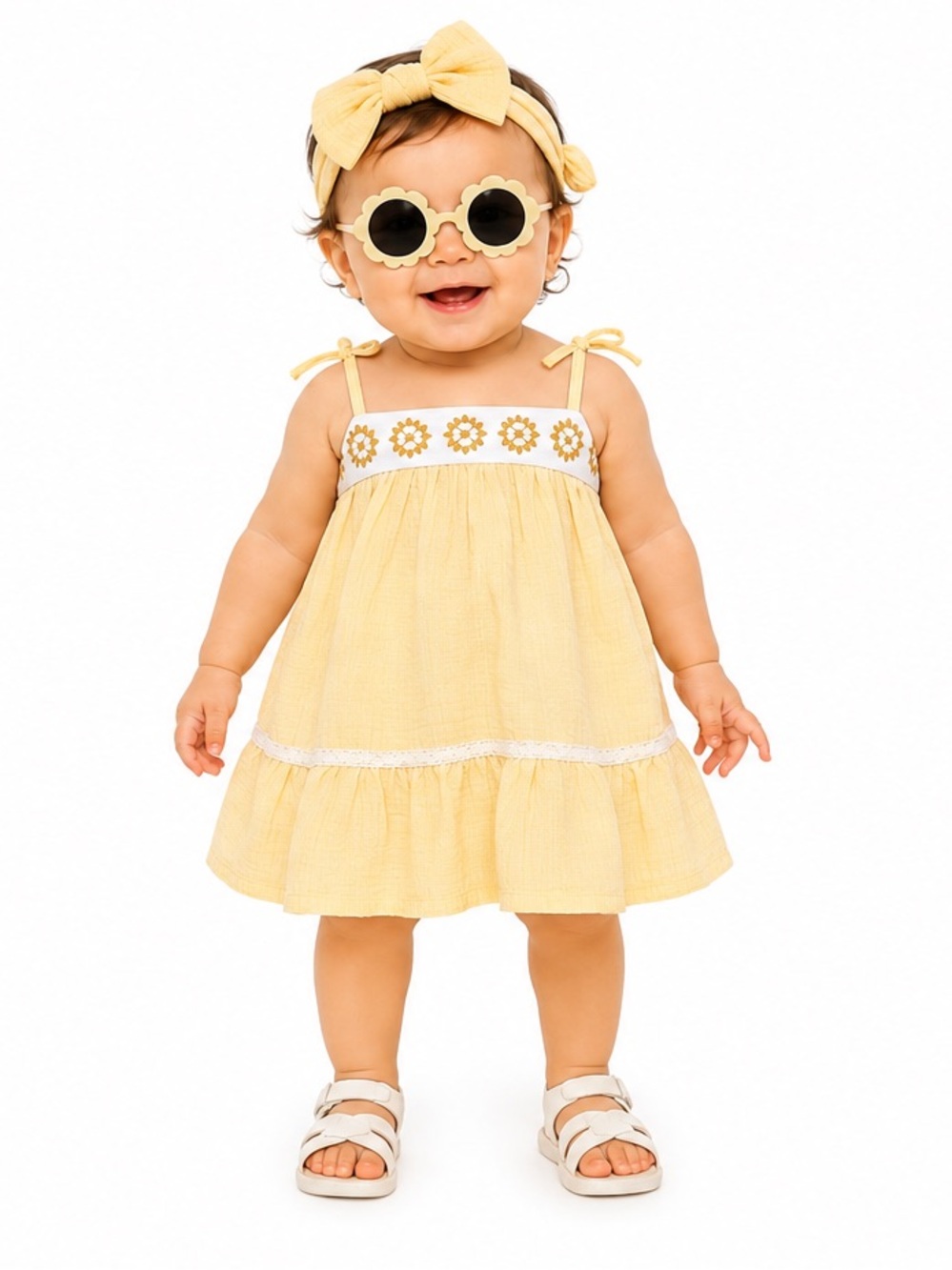 NEW - Rachel Zoe Yellow Embroidered 3-Piece Dress, Sunnies, Headband Set – 18m